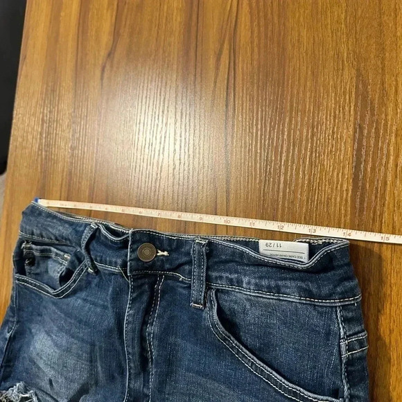 KANCAN Women’s Mid Rise Dark Denim Raw Hem Distressed Stretchy Shorts Size 29 - Picture 6 of 12